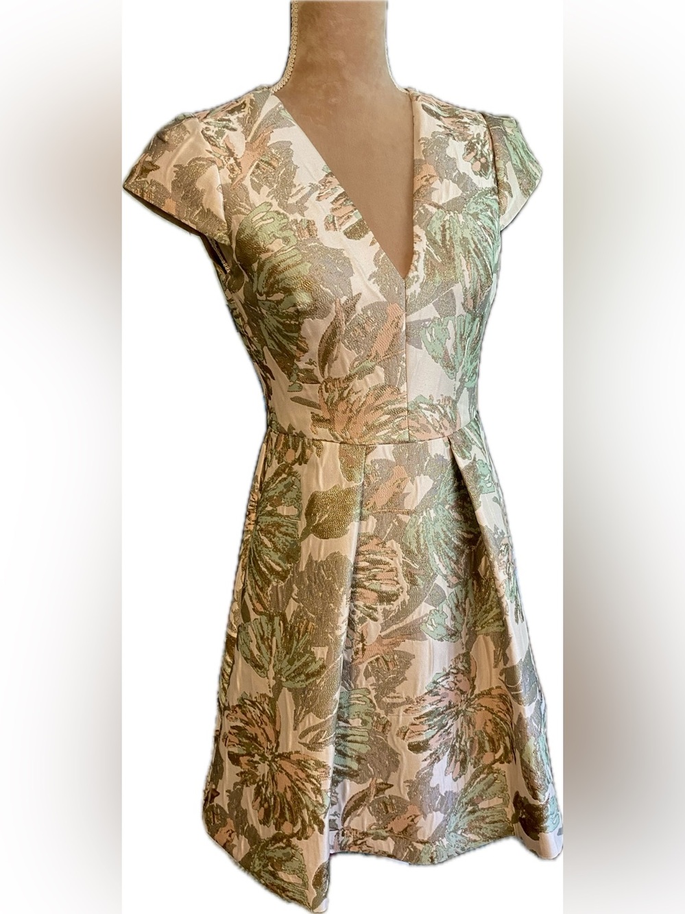 Vince Camuto Elegant Green and Pink Floral Fit & Flare Jacquard Dress